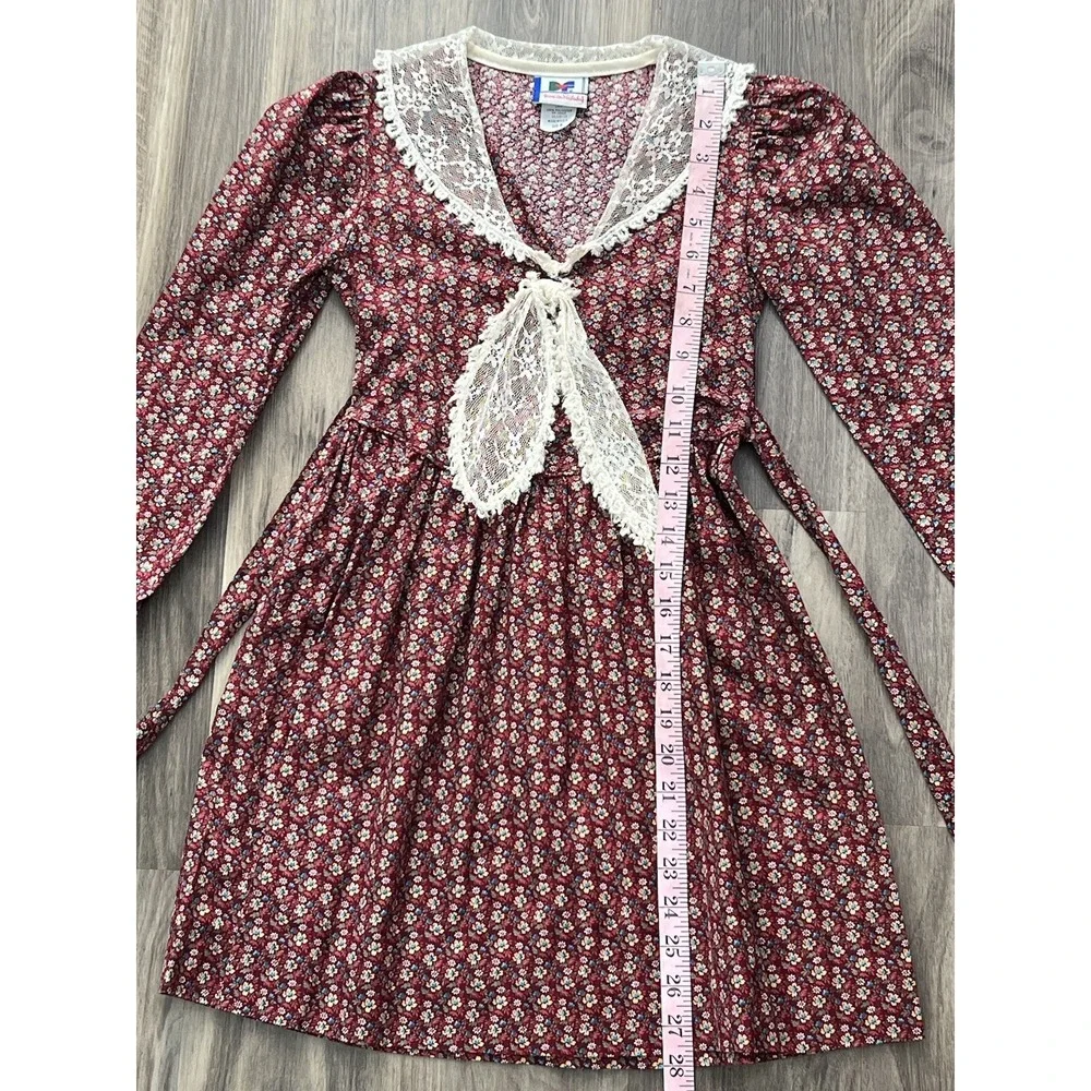 Vintage 70s Diane von Furstenberg Dress‎ Girls 8 Lace Red Floral Cottagecore